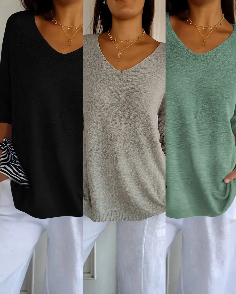 Kit 3 Blusas Luna® em Malha Leve – Decote V